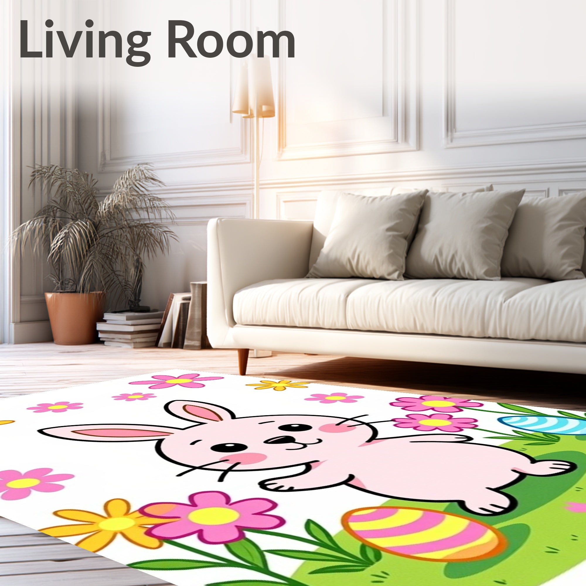Whimsical Pink Bunny Spring Garden Easter Rug