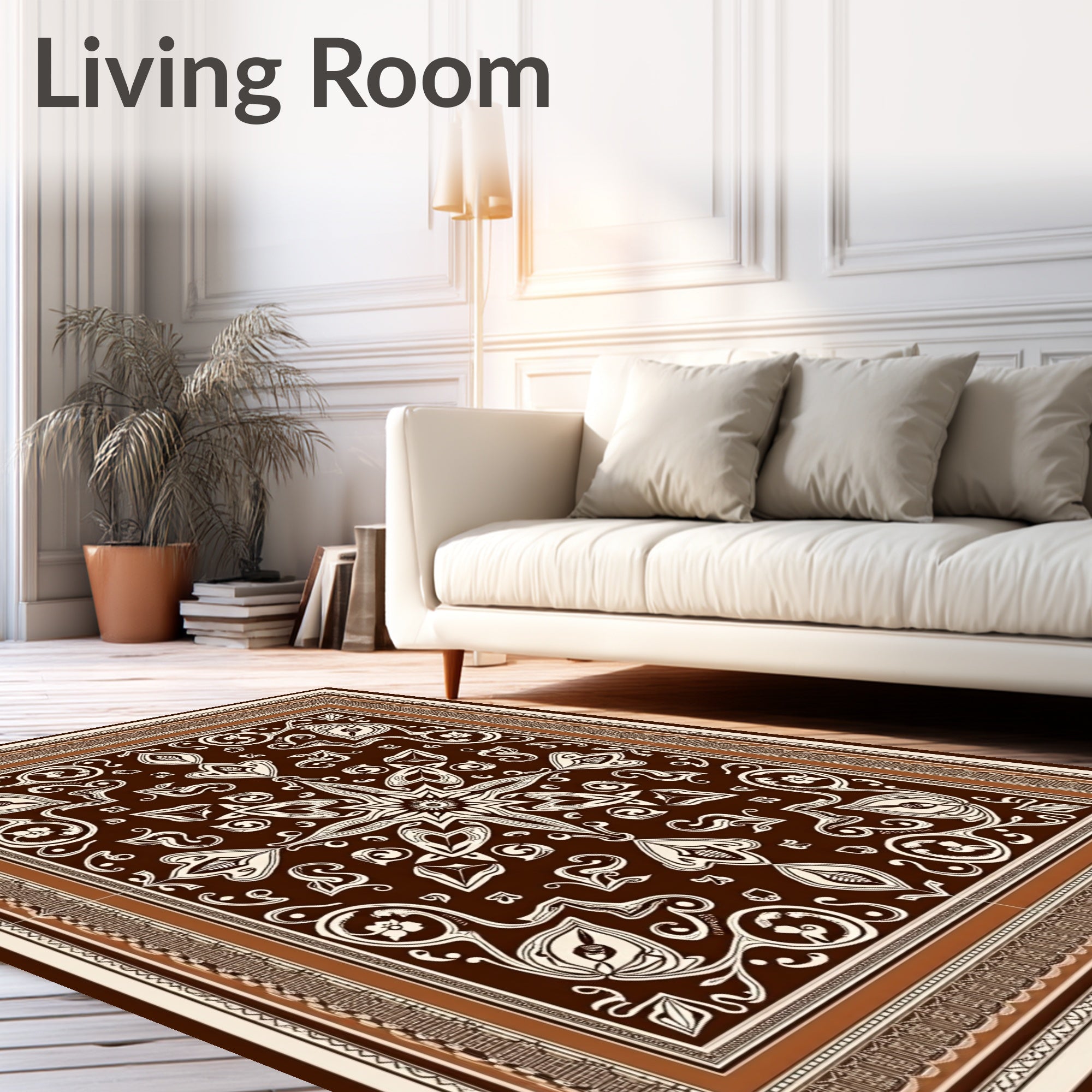 Rich Brown White Floral Medallion Rug