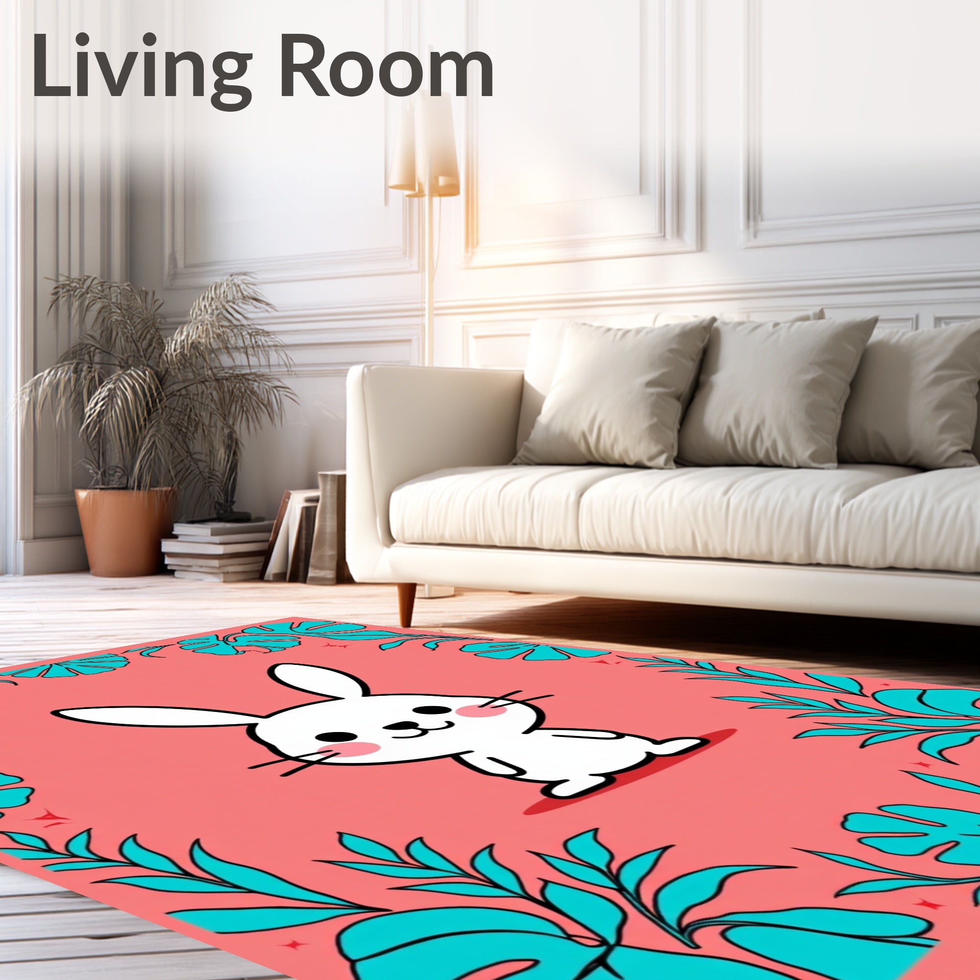 Kawaii White Bunny Tropical Foliage Coral Rug