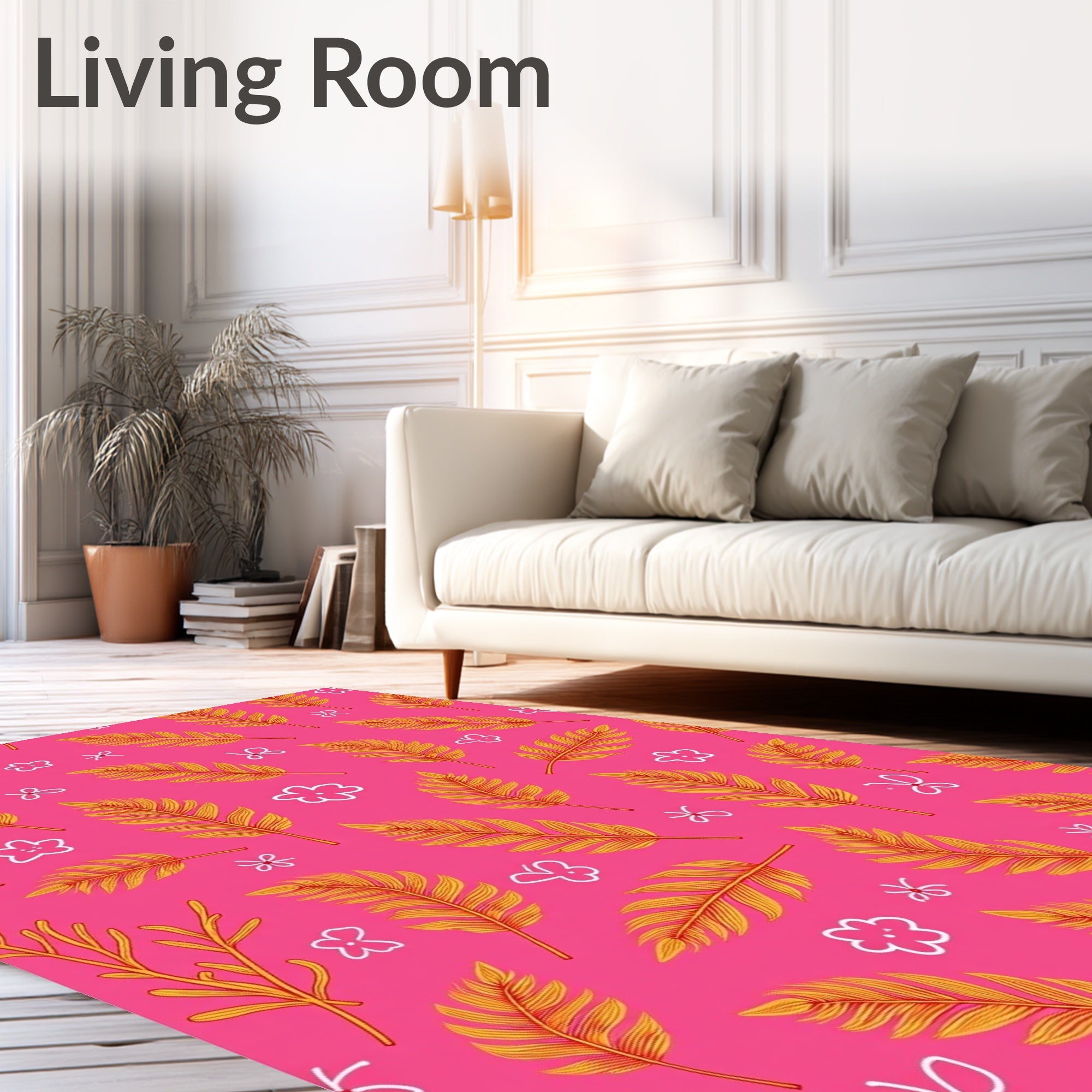 Golden Feathers Pink Floral Whimsical Rug