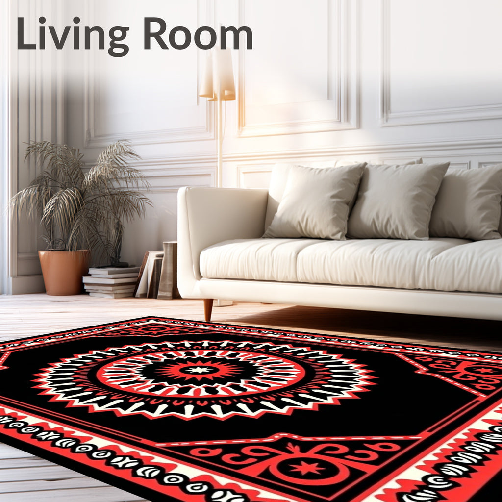 Bold Red Black Starburst Mandala Rug