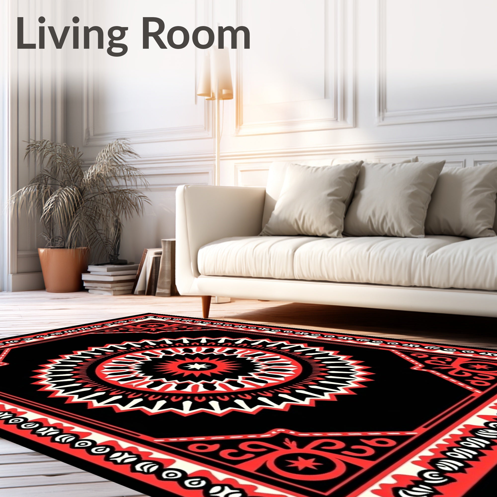 Bold Red Black Starburst Mandala Rug