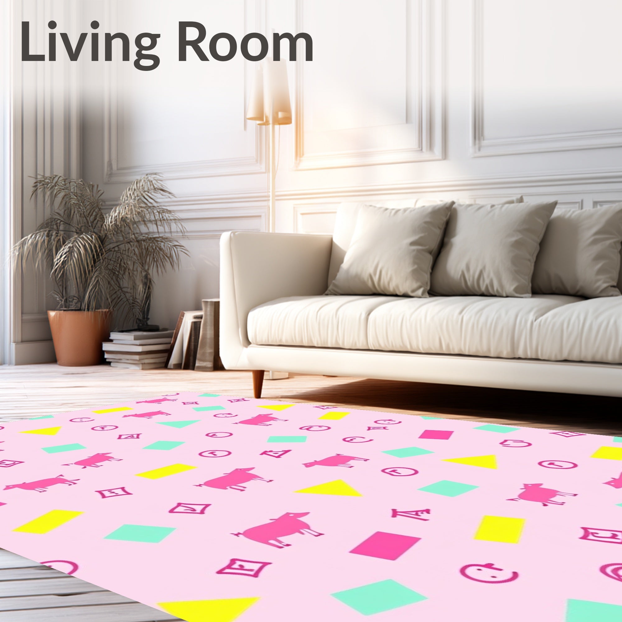 Pink Cow Geometric Shapes Playful Rug