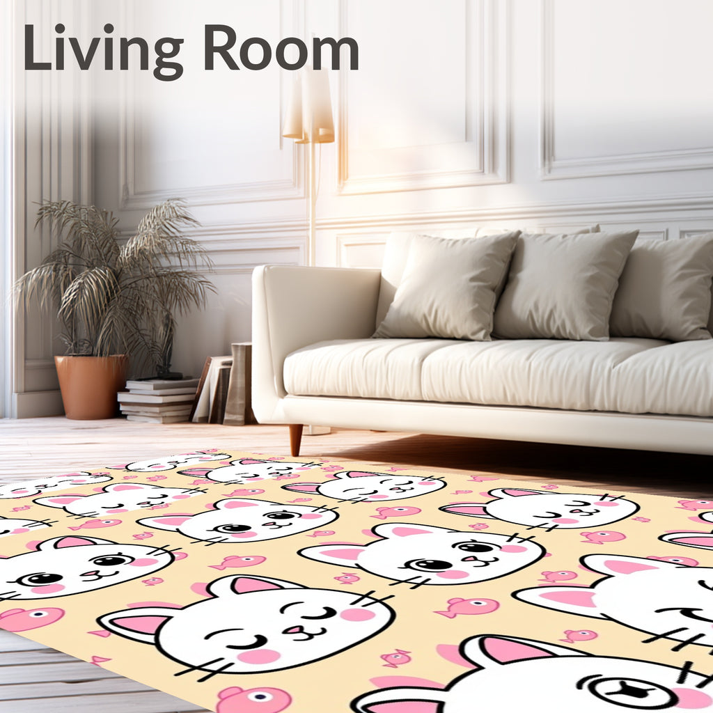Whimsical White Kitty Faces Pink Fish Rug