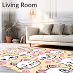 Whimsical White Kitty Faces Pink Fish Rug