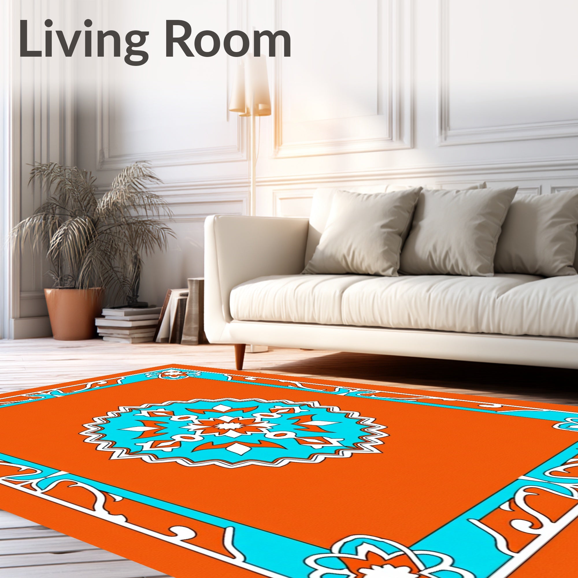 Vibrant Orange Teal Floral Medallion Rug