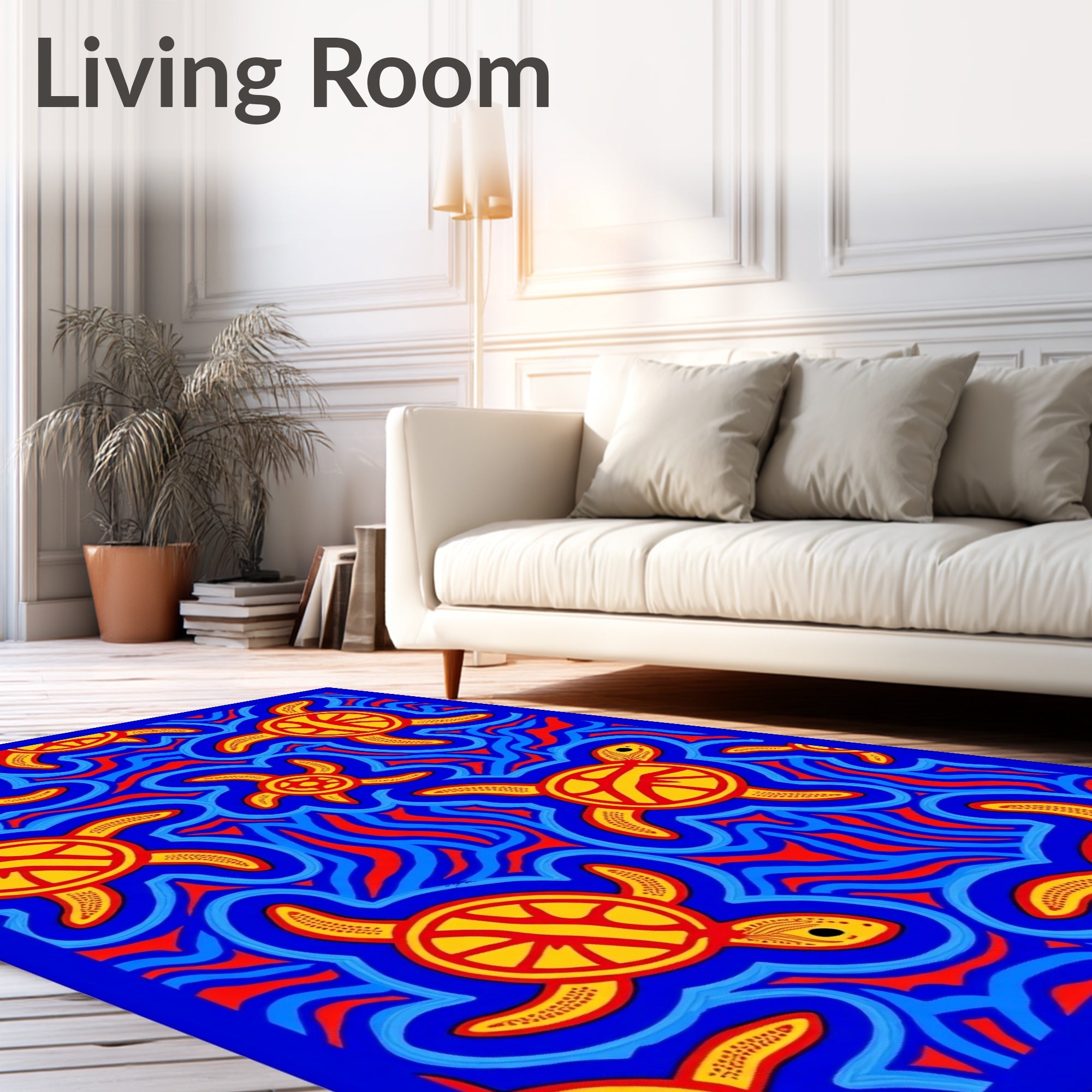 Yellow Sun Turtles in Blue Waves Rug