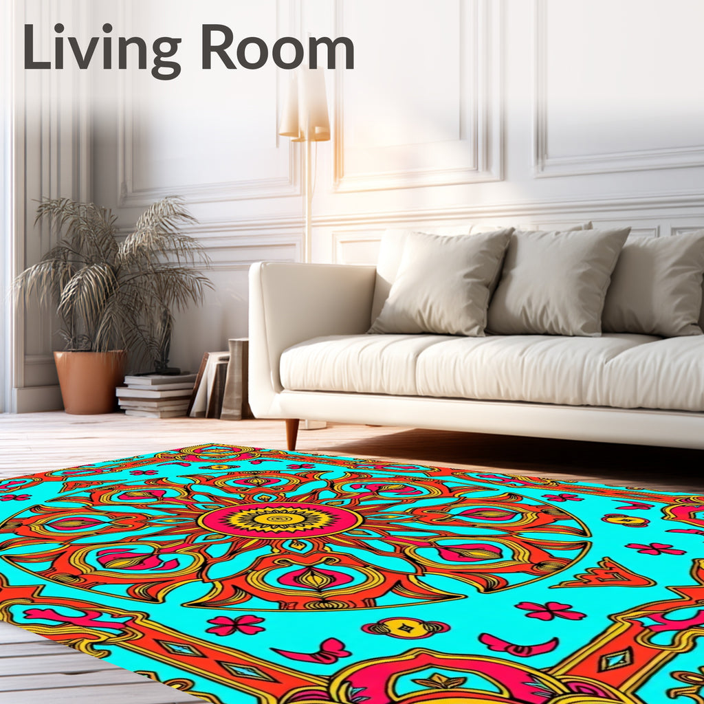 Vibrant Coral Sunburst Kaleidoscope Rug
