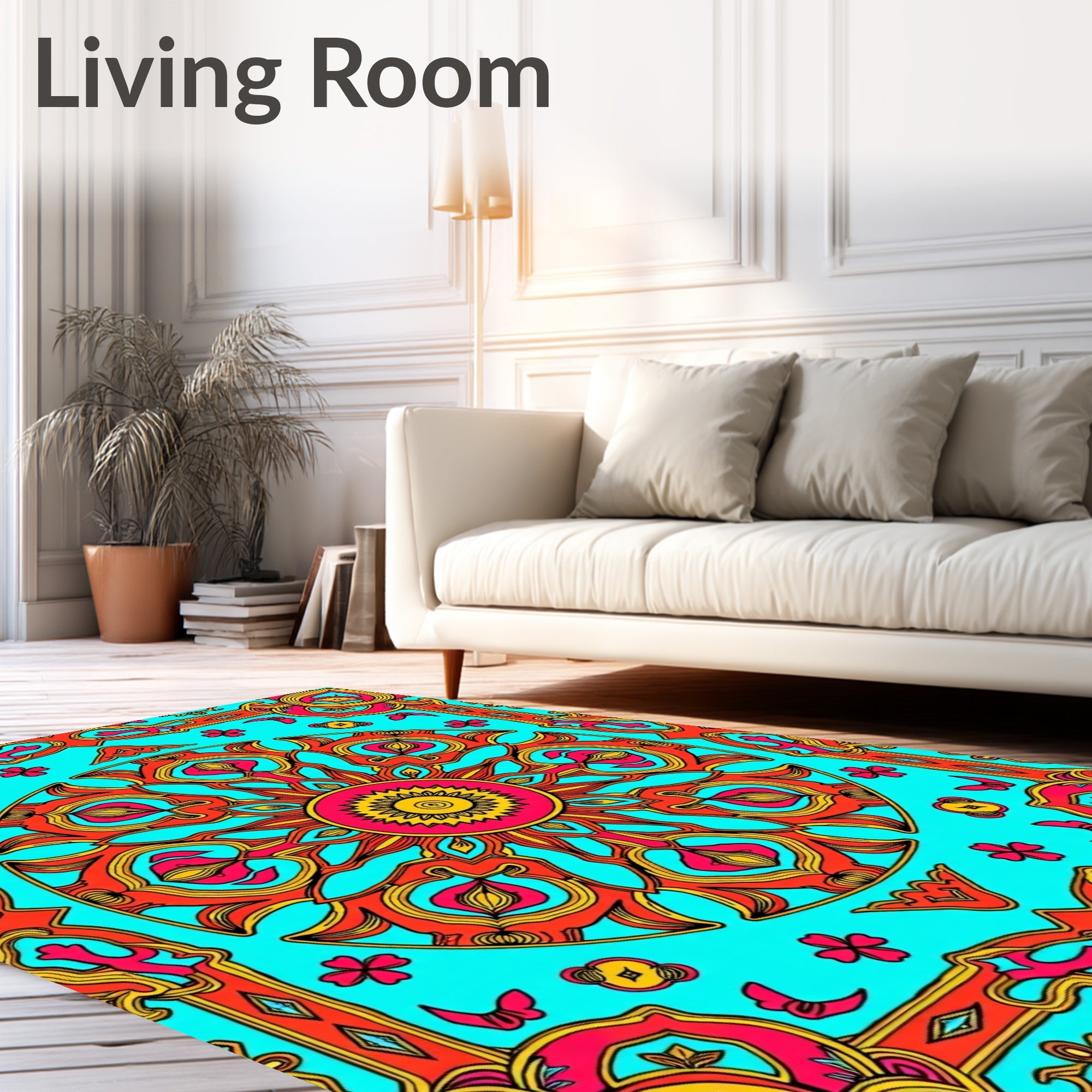 Vibrant Coral Sunburst Kaleidoscope Rug