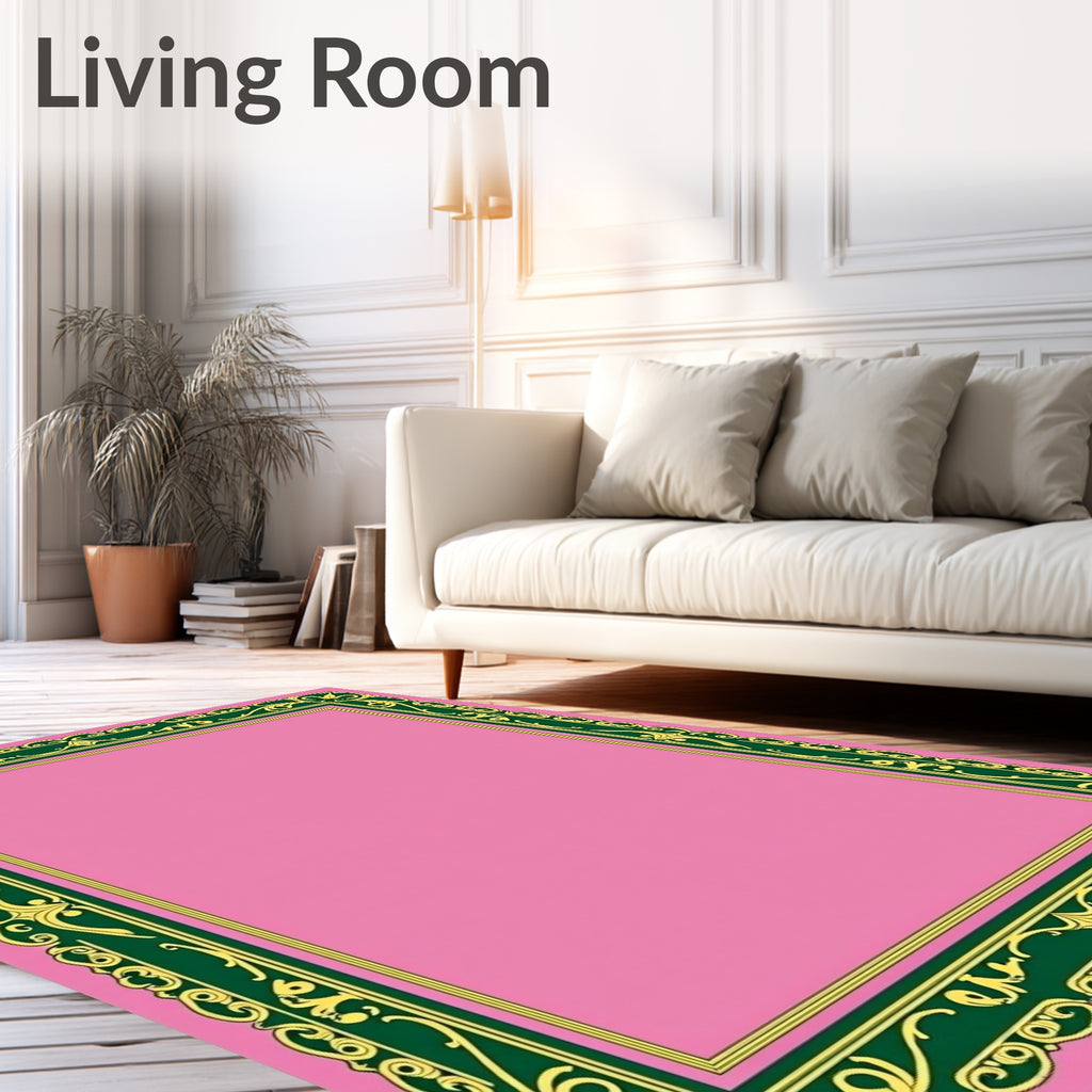Ornate Pink Green Gold Border Rug