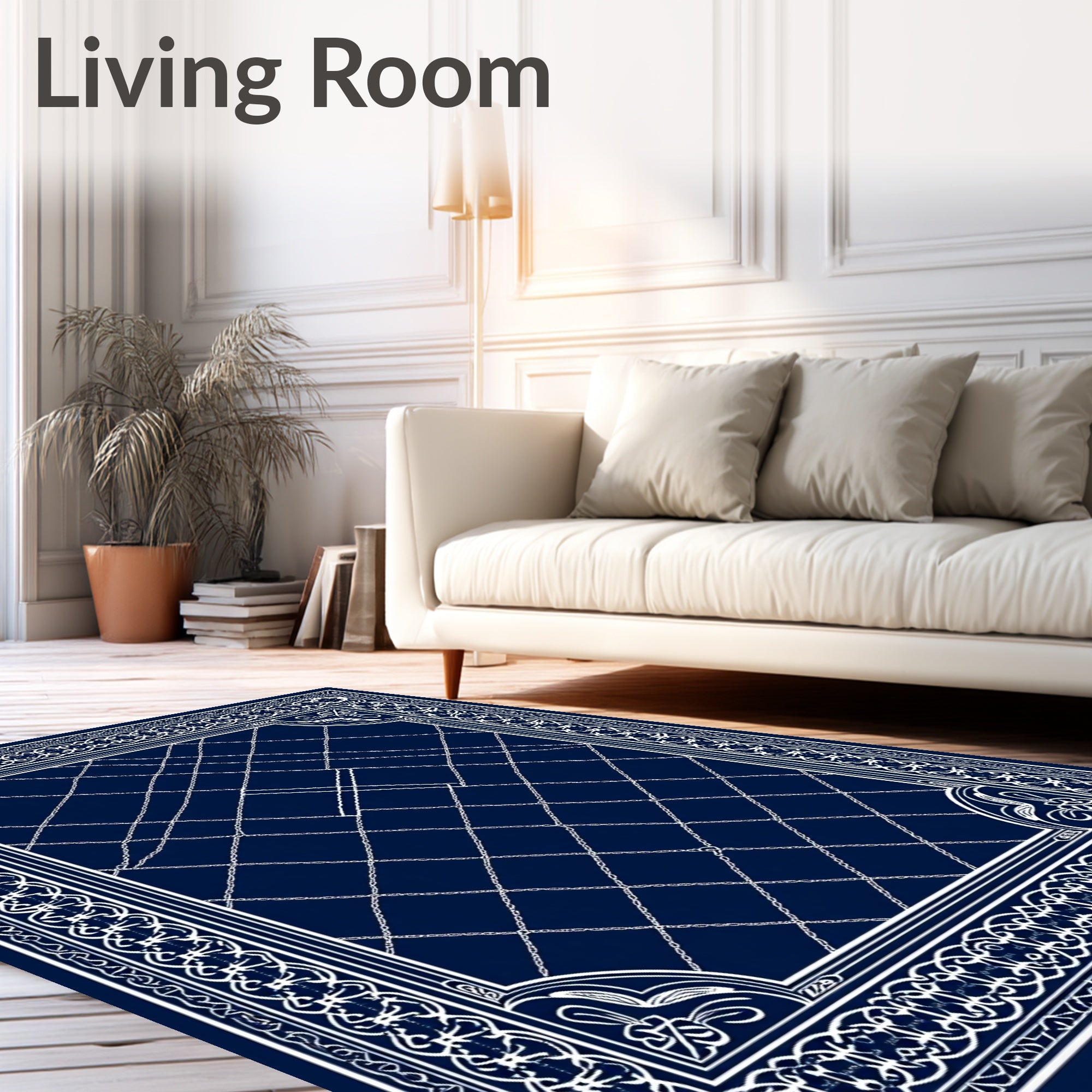 Midnight Blue Ornate Chain Border Rug