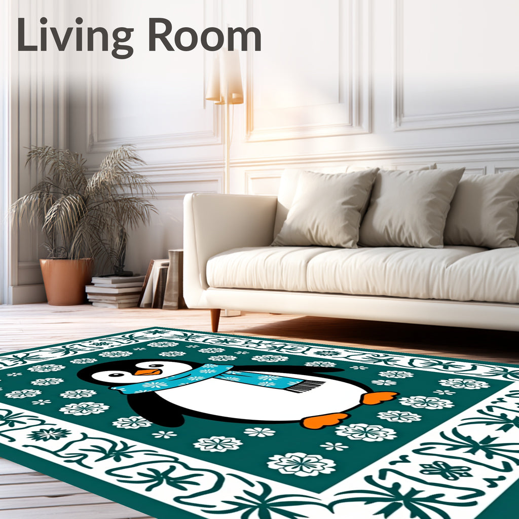 Festive Teal Penguin Snow Flake Border Rug