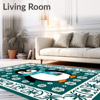 Festive Teal Penguin Snow Flake Border Rug