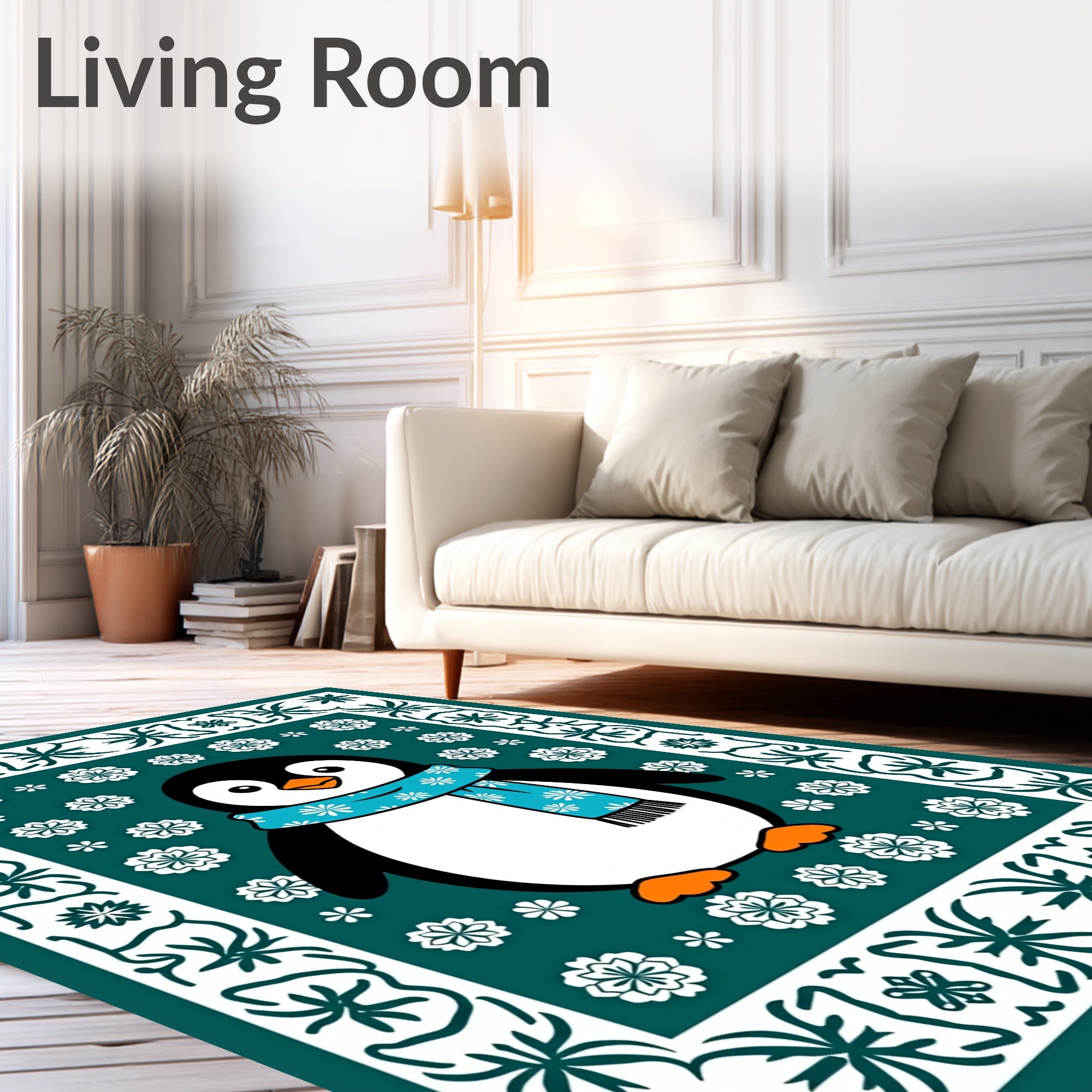Festive Teal Penguin Snow Flake Border Rug