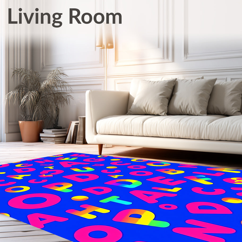 Vibrant Alphabet Collage Rainbow Squares Rug