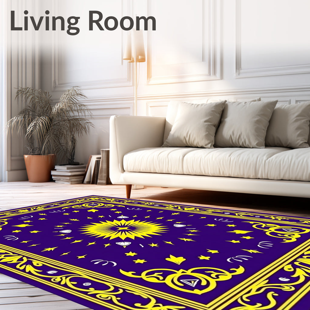 Royal Blue Yellow Sun Starburst Border Rug