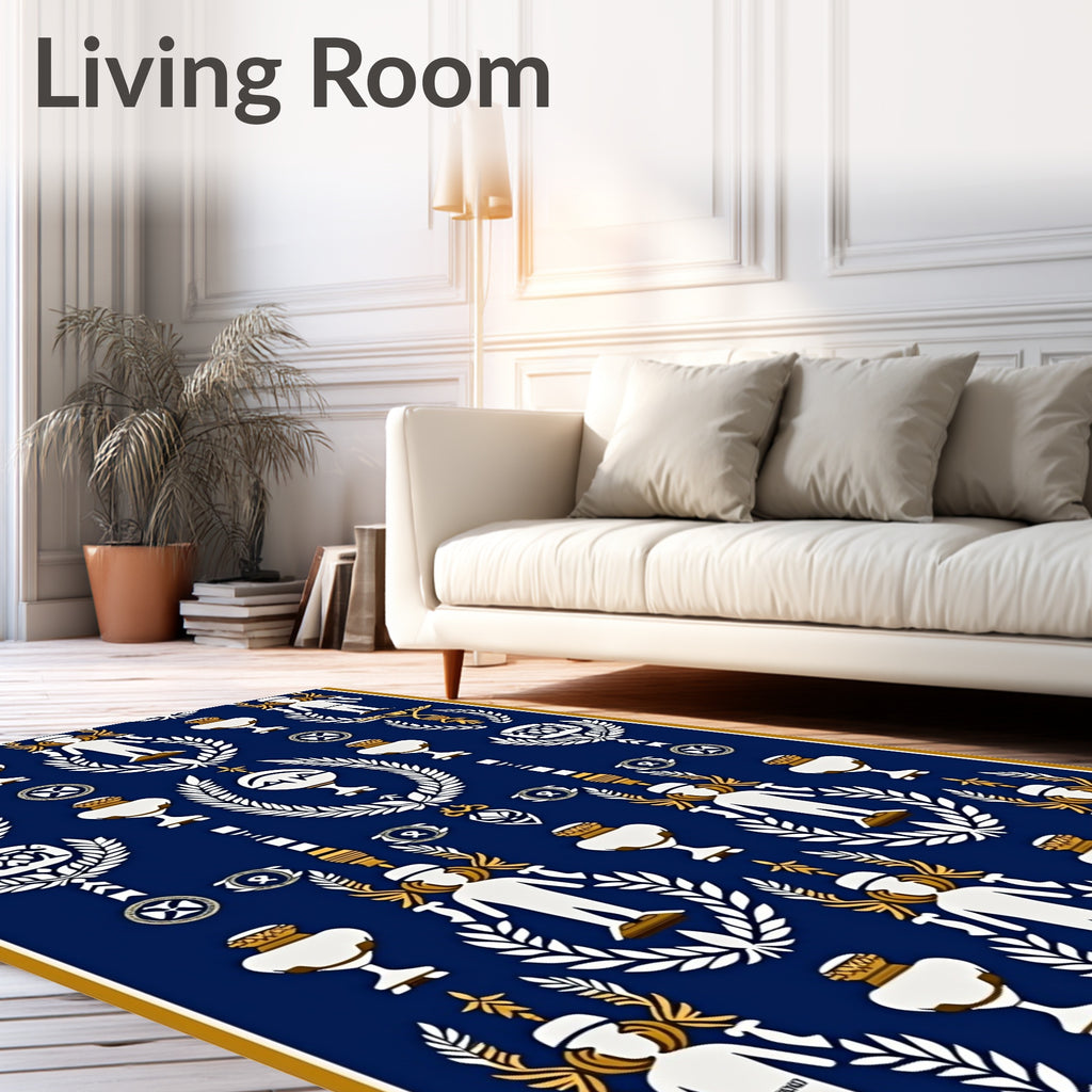 Ornate Navy White Gold Figures Laurel Rug