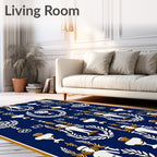 Ornate Navy White Gold Figures Laurel Rug
