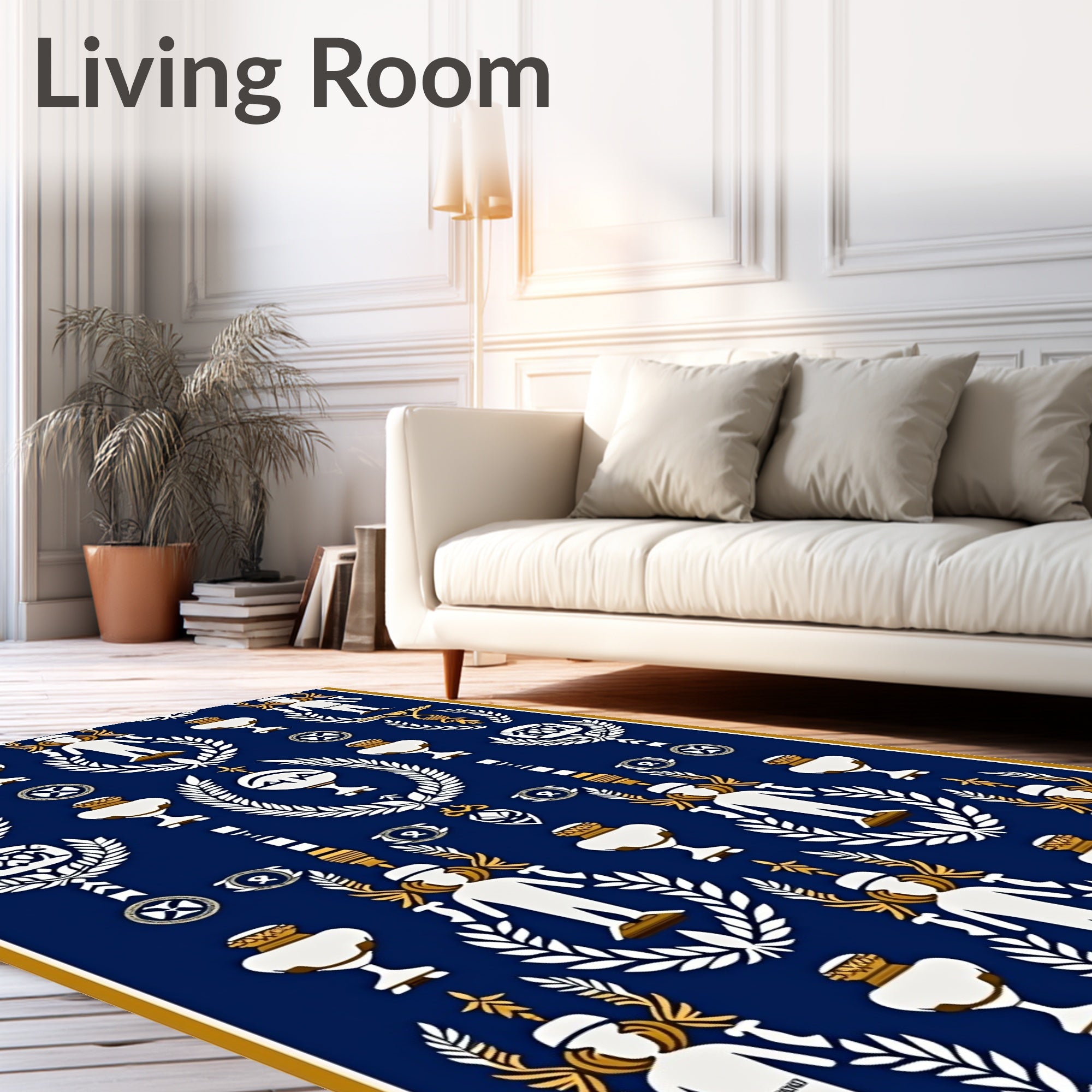 Ornate Navy White Gold Figures Laurel Rug