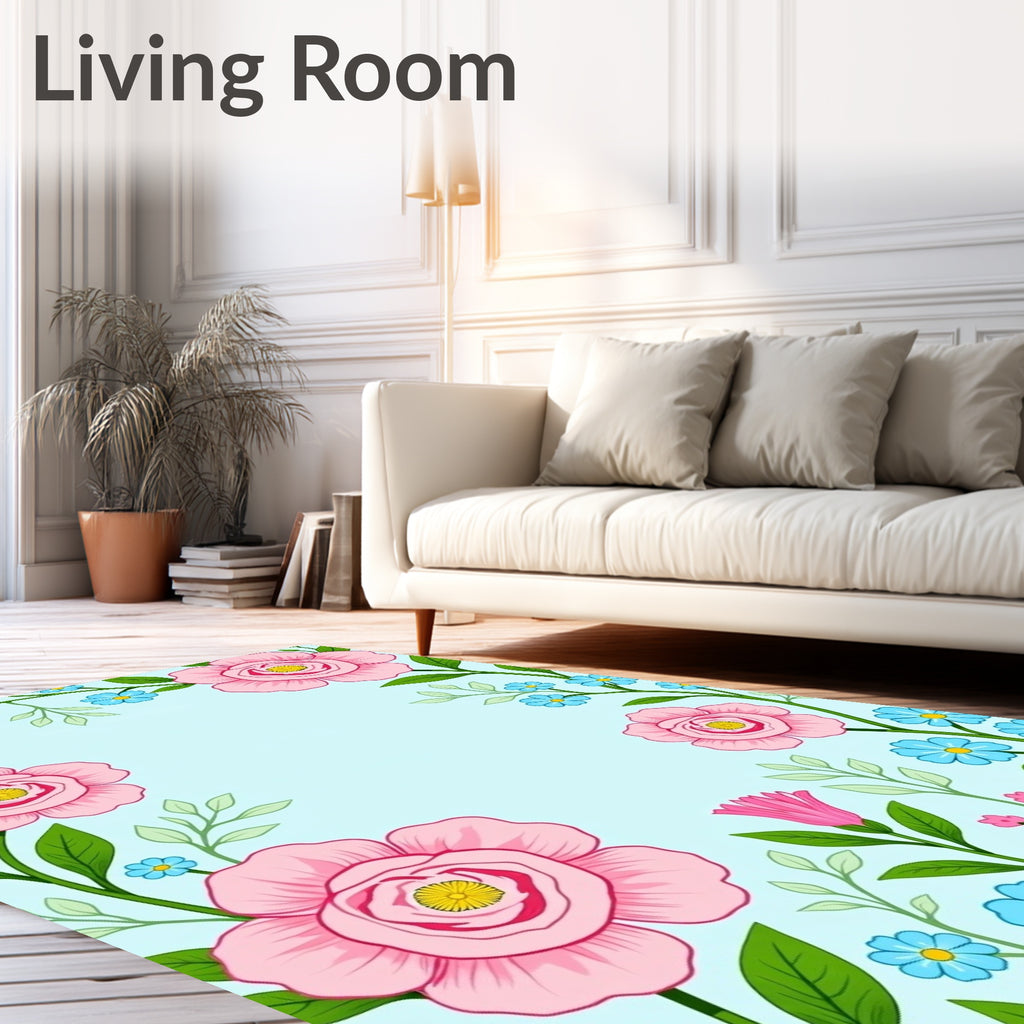 Pink Blue Flower Vine Border Rug