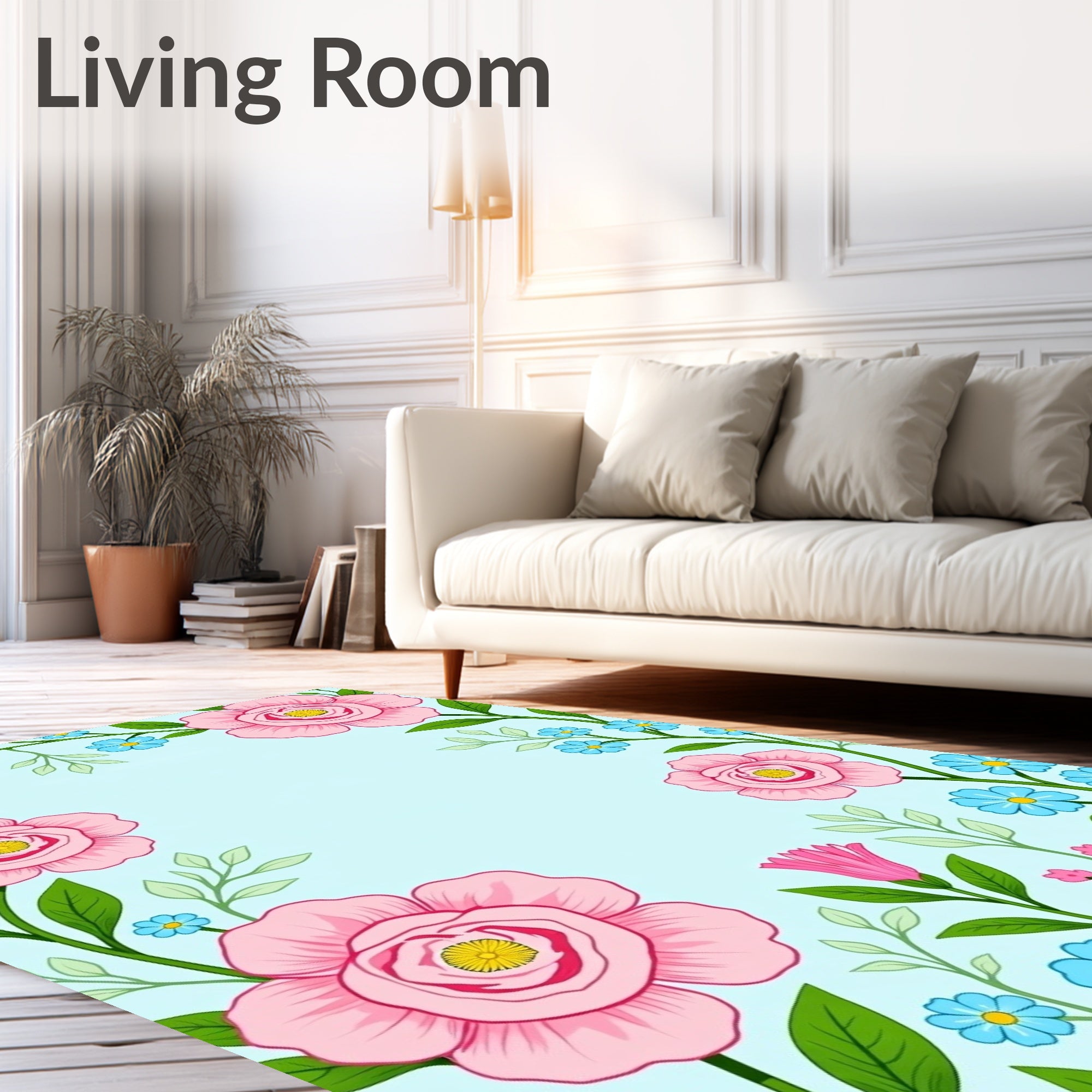 Pink Blue Flower Vine Border Rug