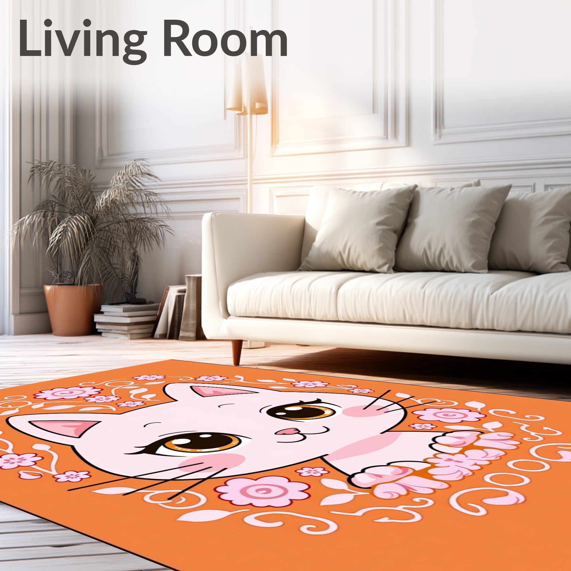 Cute Pink Cat Floral Orange Round Rug