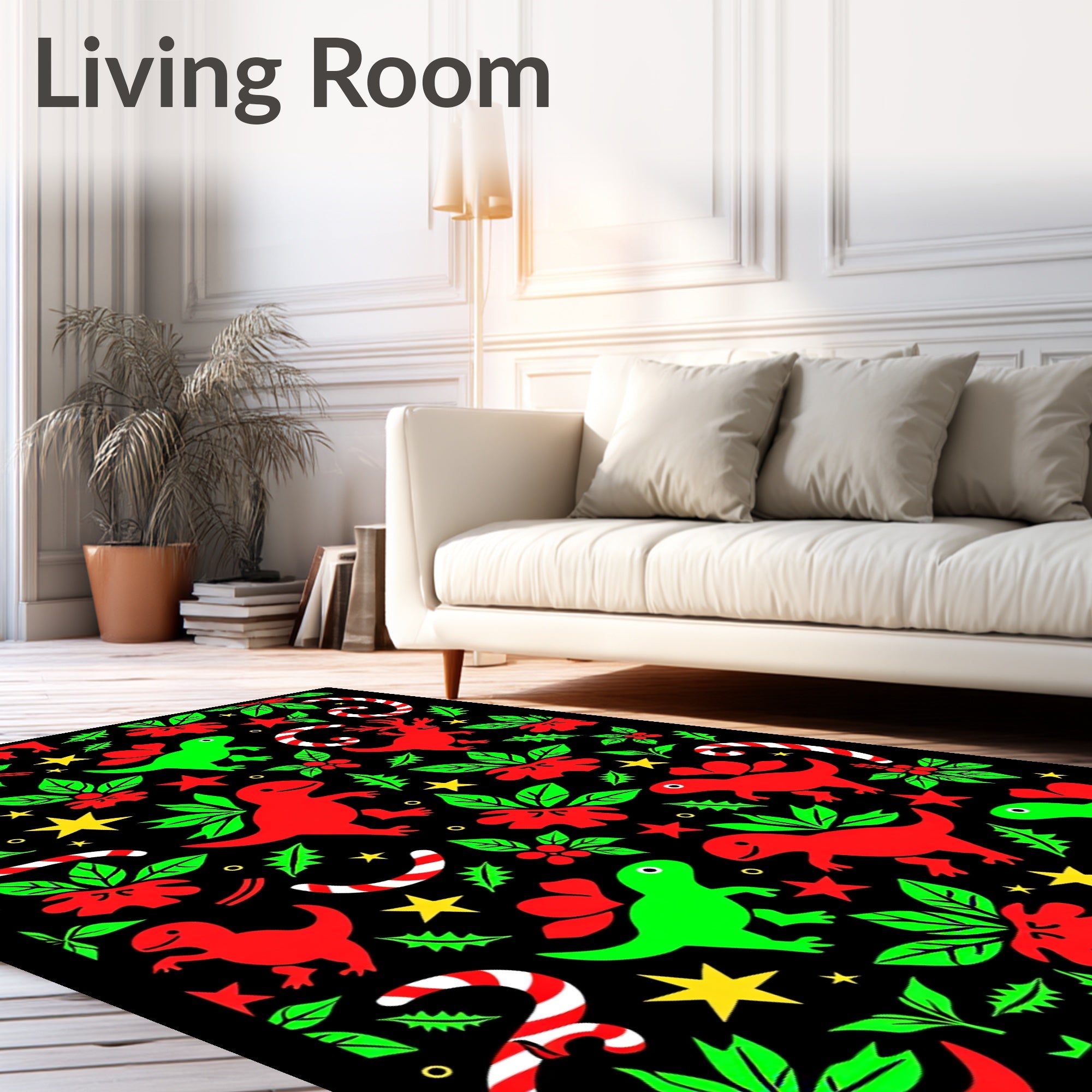 Whimsical Red Green Dinosaur Holiday Rug