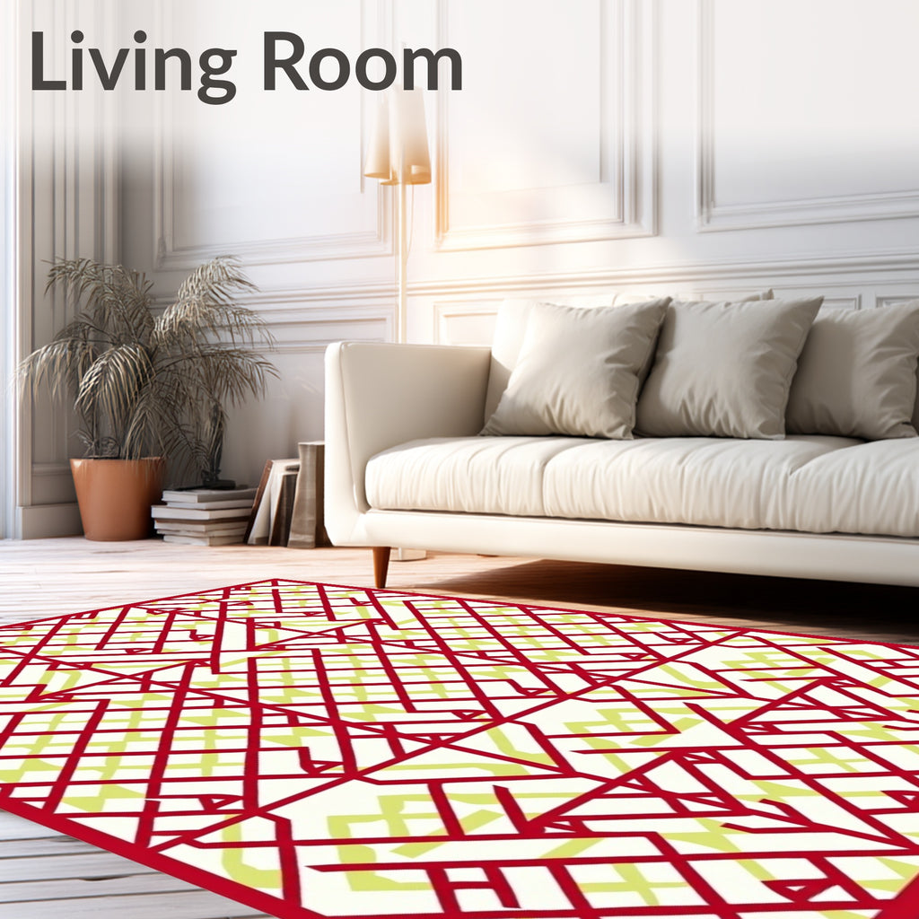 Crimson and Pale Yellow Geometric Lattice Rug