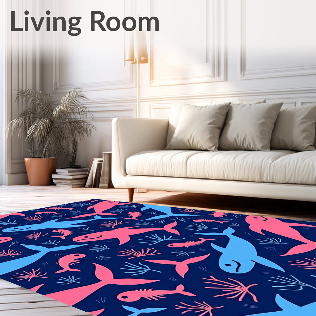 Pink Blue Whales Coral Navy Rug
