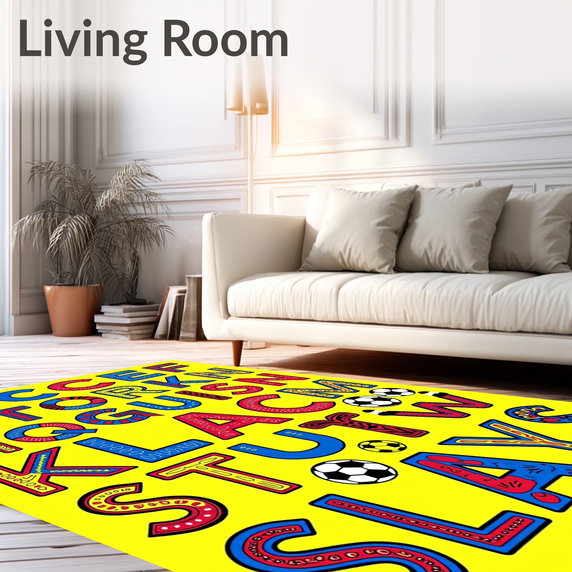 Bold Alphabet Soccer Balls Yellow Rug