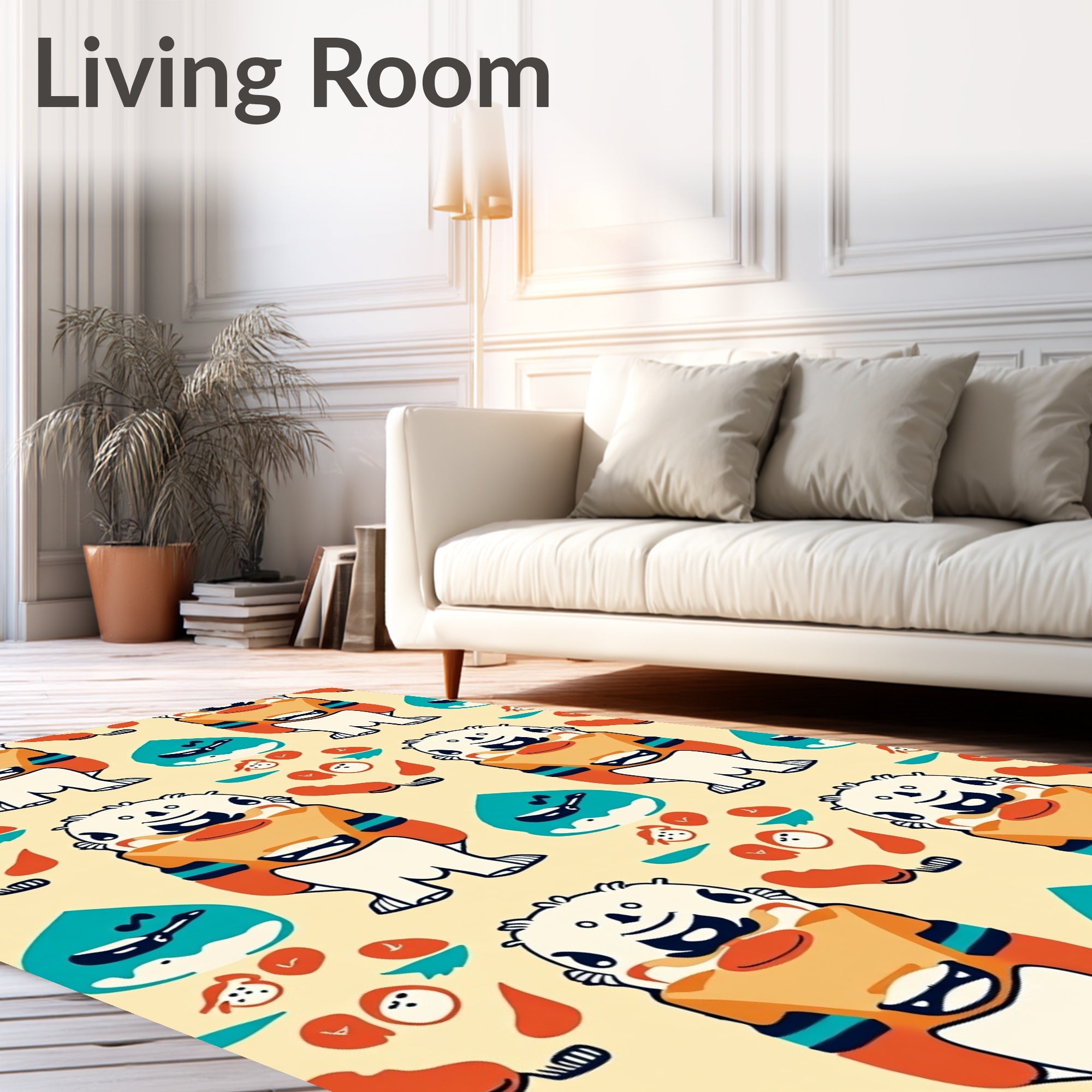 Whimsical Orange Blue Monster Characters Rug