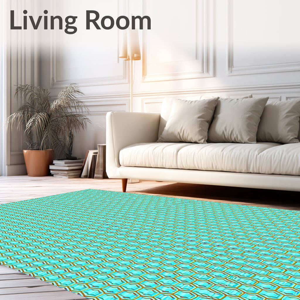 Aqua and Gold Geometric Hexagon Rug