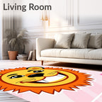 Cheery orange lion face pink background Rug