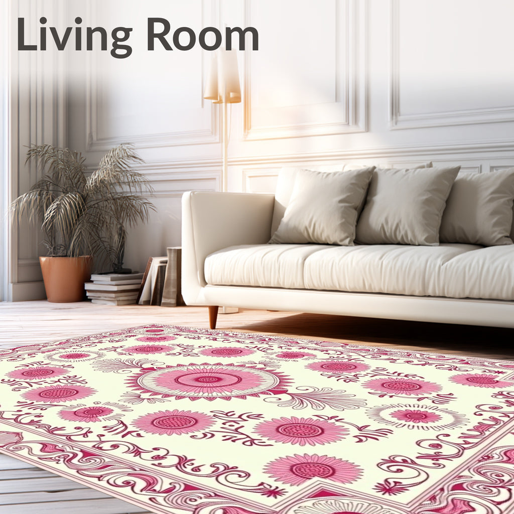 Ornate Pink Floral Border Medallion Rug