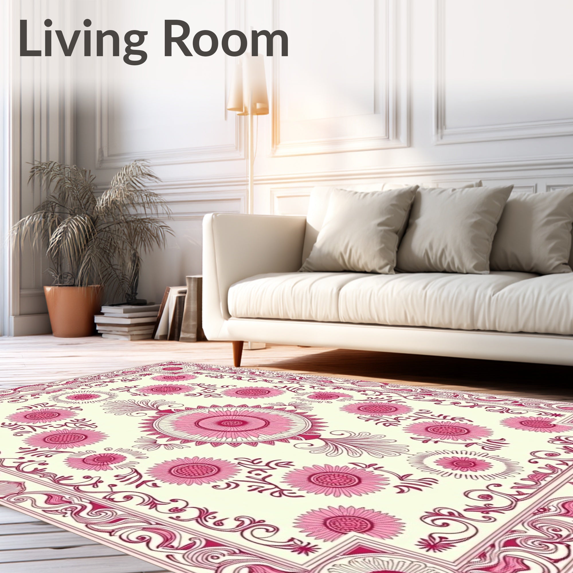 Ornate Pink Floral Border Medallion Rug