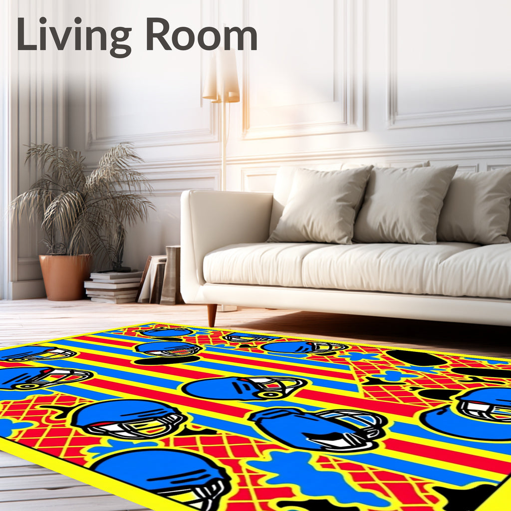 Bold Blue Football Helmets Yellow Stripes Rug