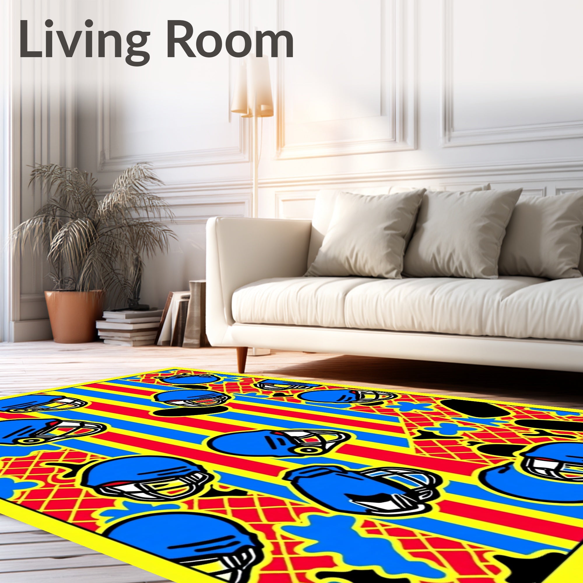 Bold Blue Football Helmets Yellow Stripes Rug