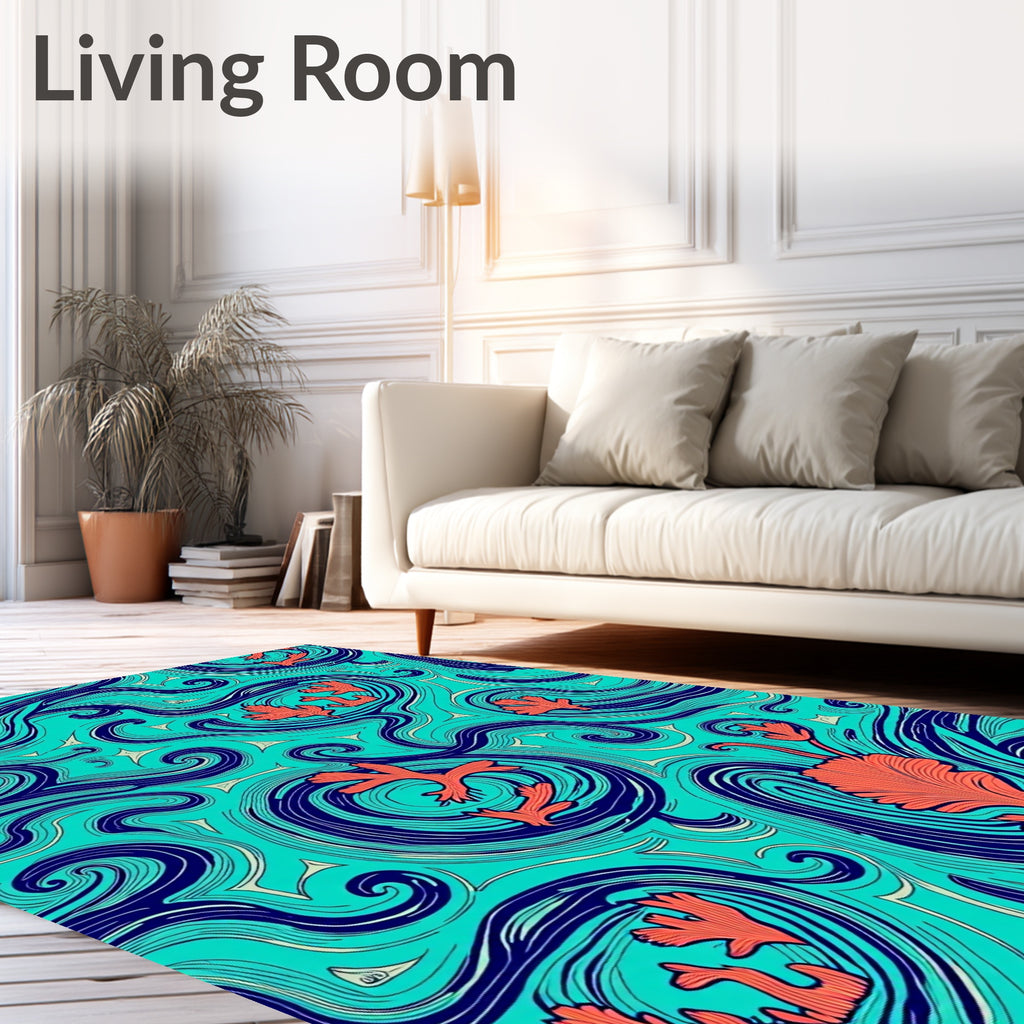 Coral Blue Wave Swirls Rug