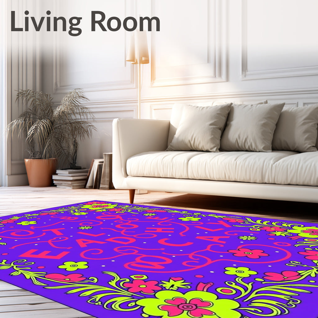 Vibrant Pink Floral Border Purple Field Rug