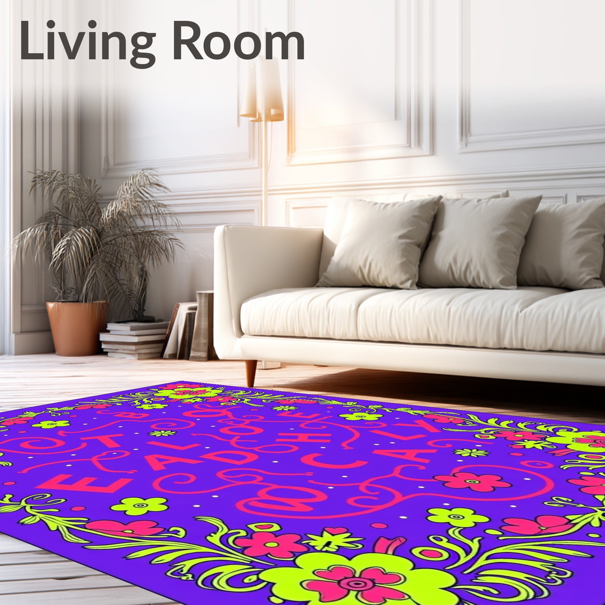 Vibrant Pink Floral Border Purple Field Rug
