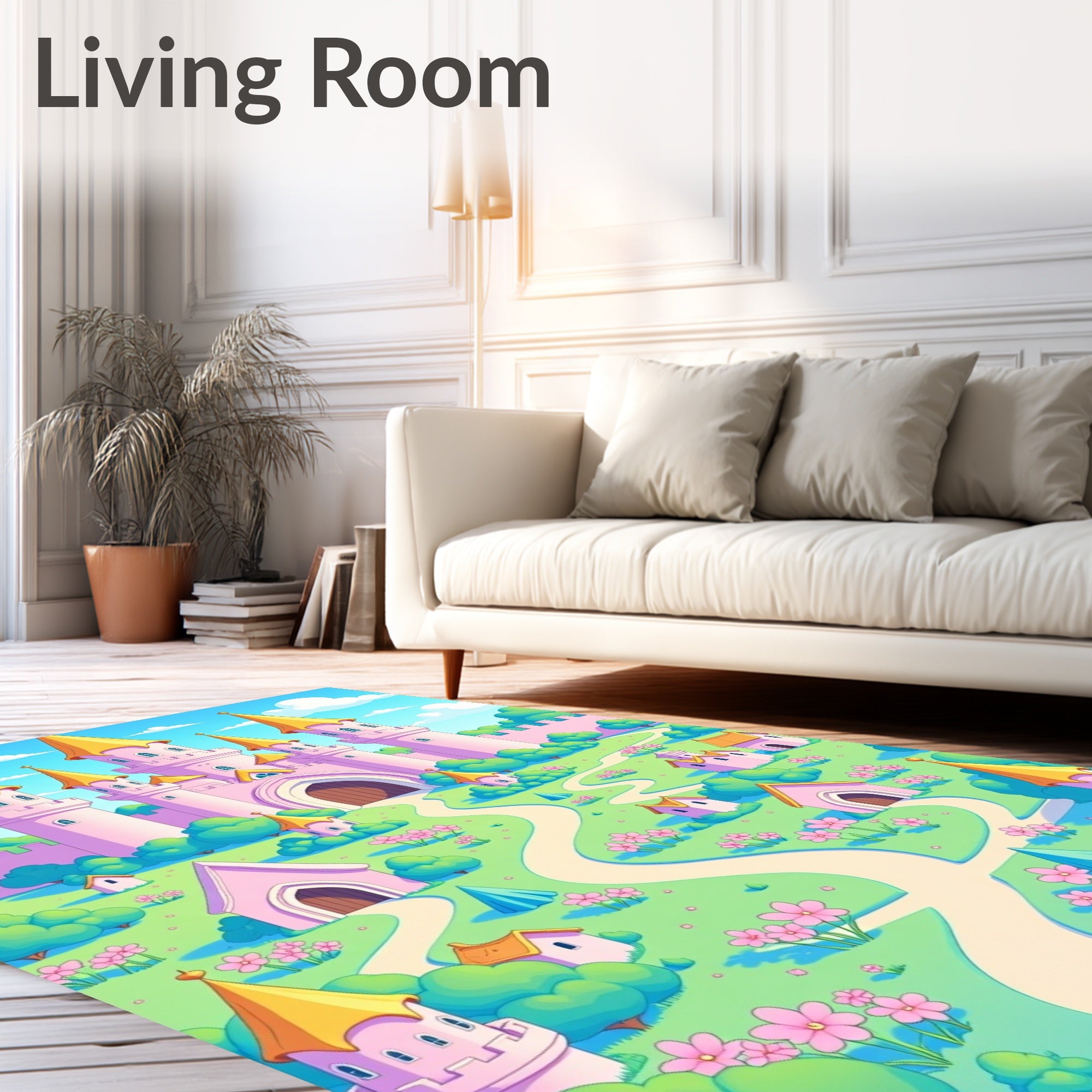 Pink Castle Charming Village Scene Rug