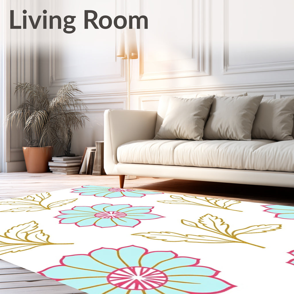 Aqua Pink Golden Floral Arrangement Rug