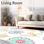 Aqua Pink Golden Floral Arrangement Rug