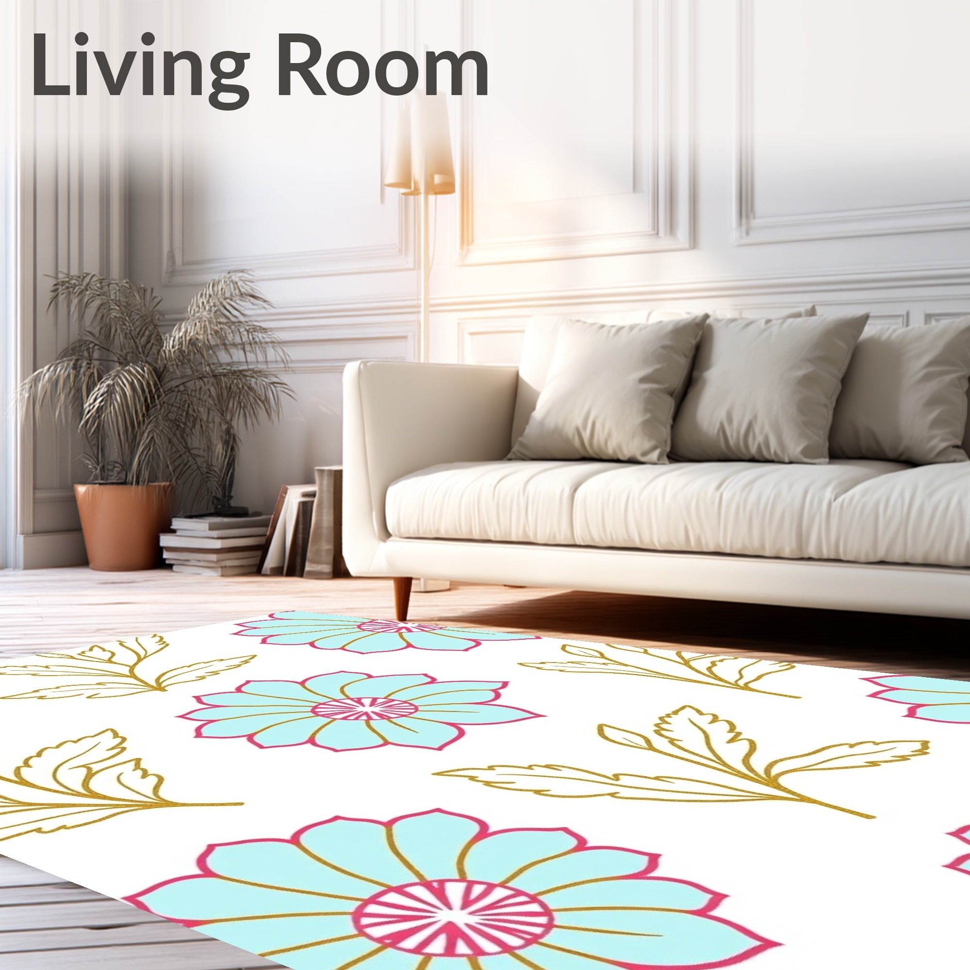 Aqua Pink Golden Floral Arrangement Rug