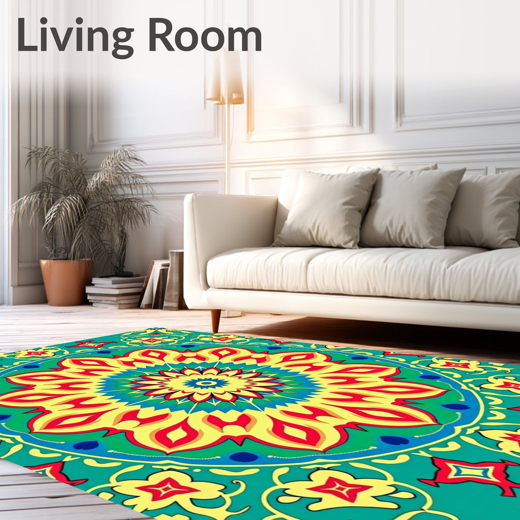 Vibrant Teal Floral Mandala Rug