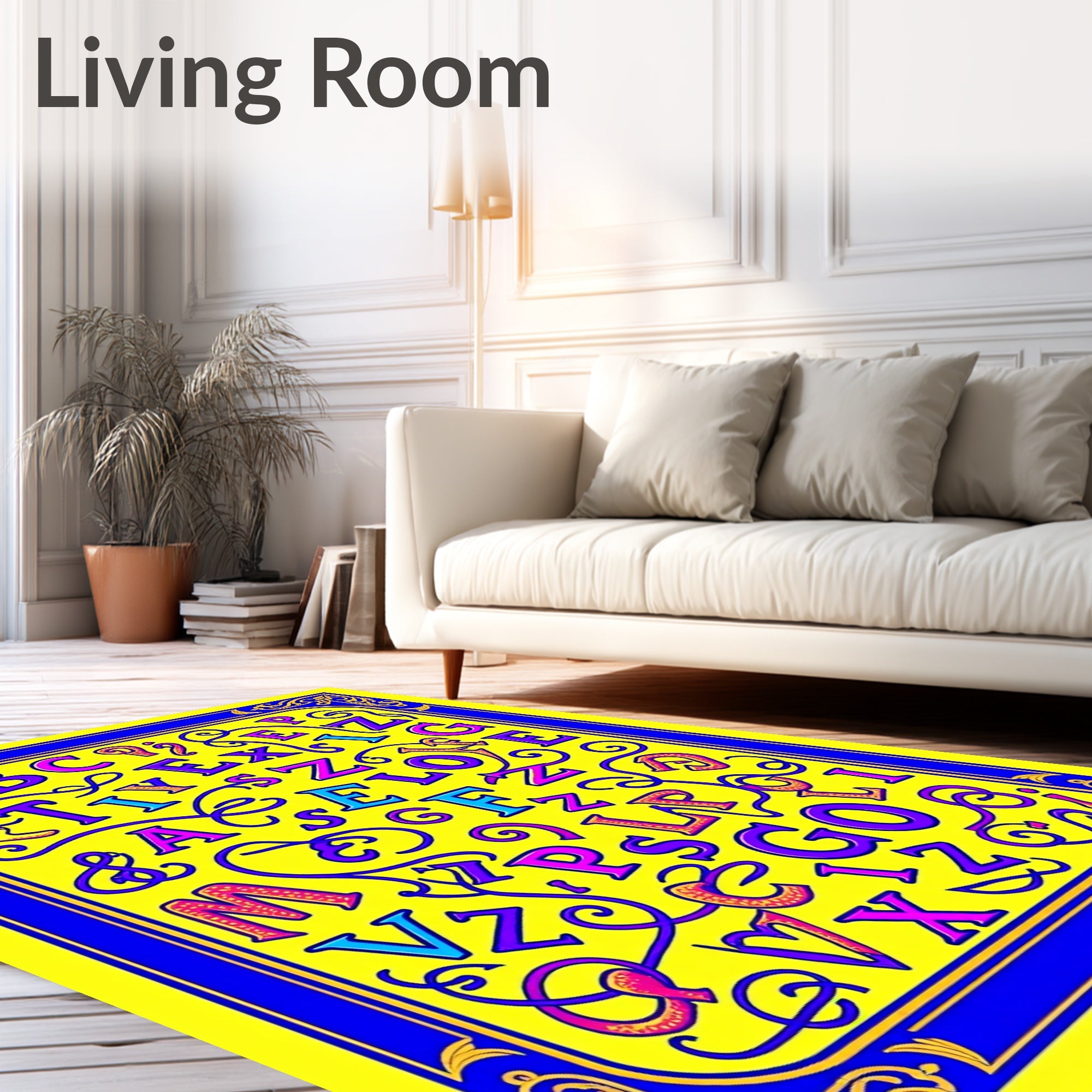 Alphabet Swirls Vibrant Yellow Border Rug