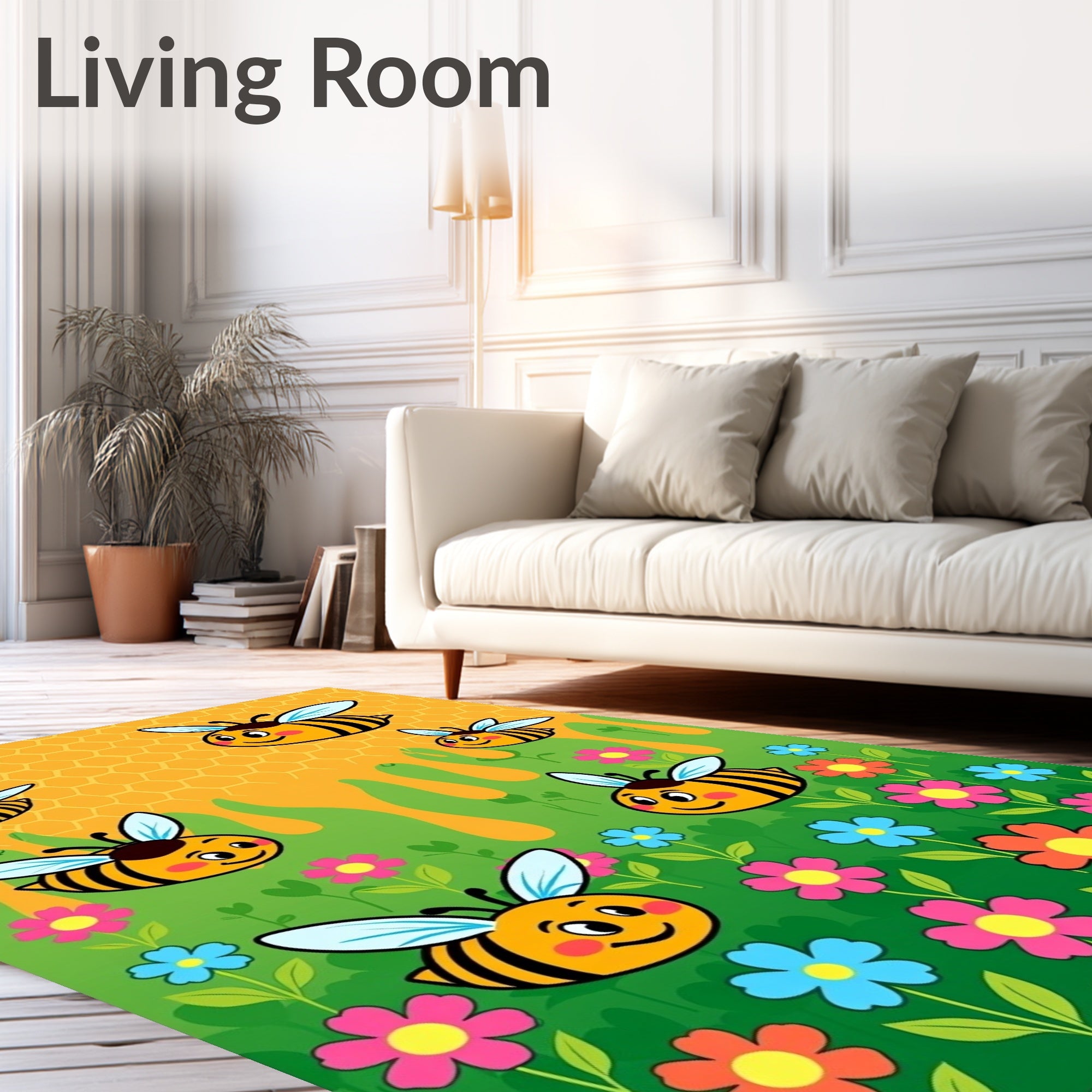 Whimsical Yellow Bees Floral Meadow Rug