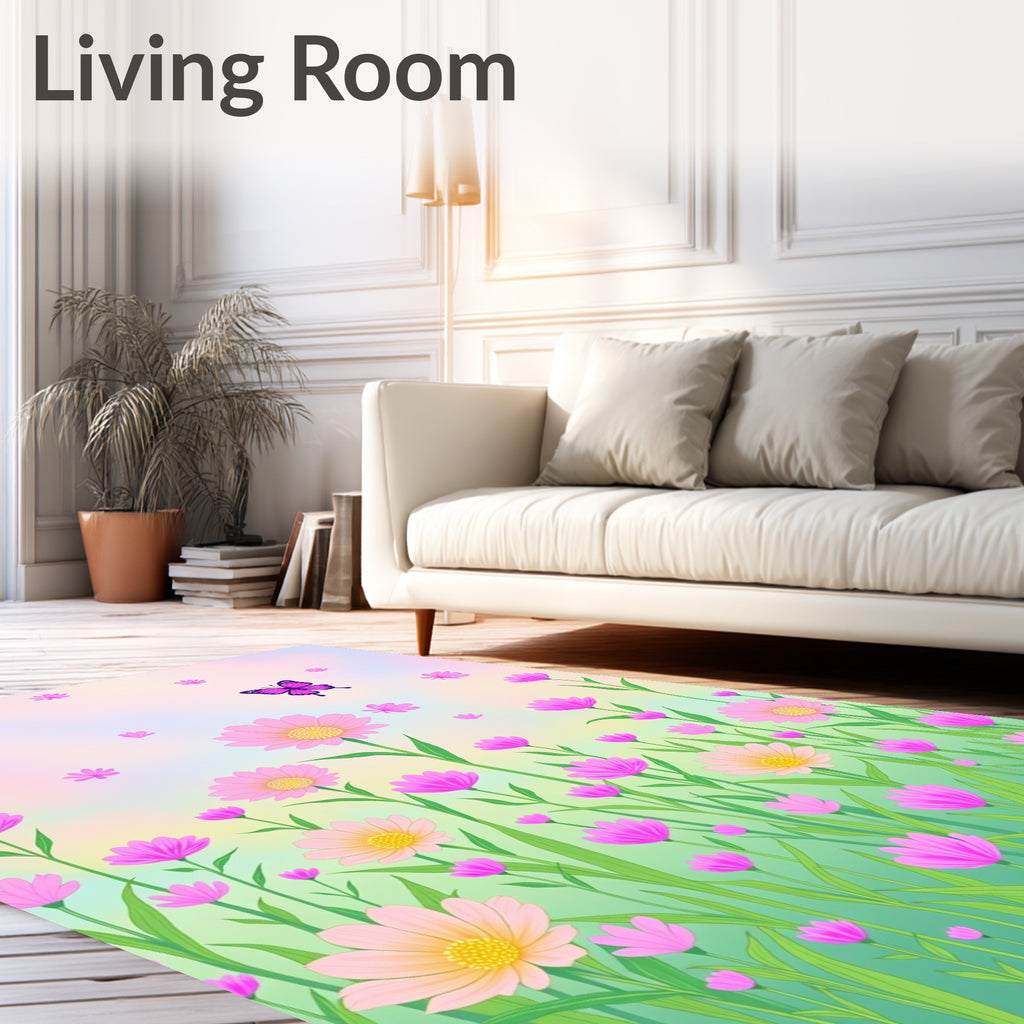 Whimsical Pink Butterflies Floral Meadow Rug