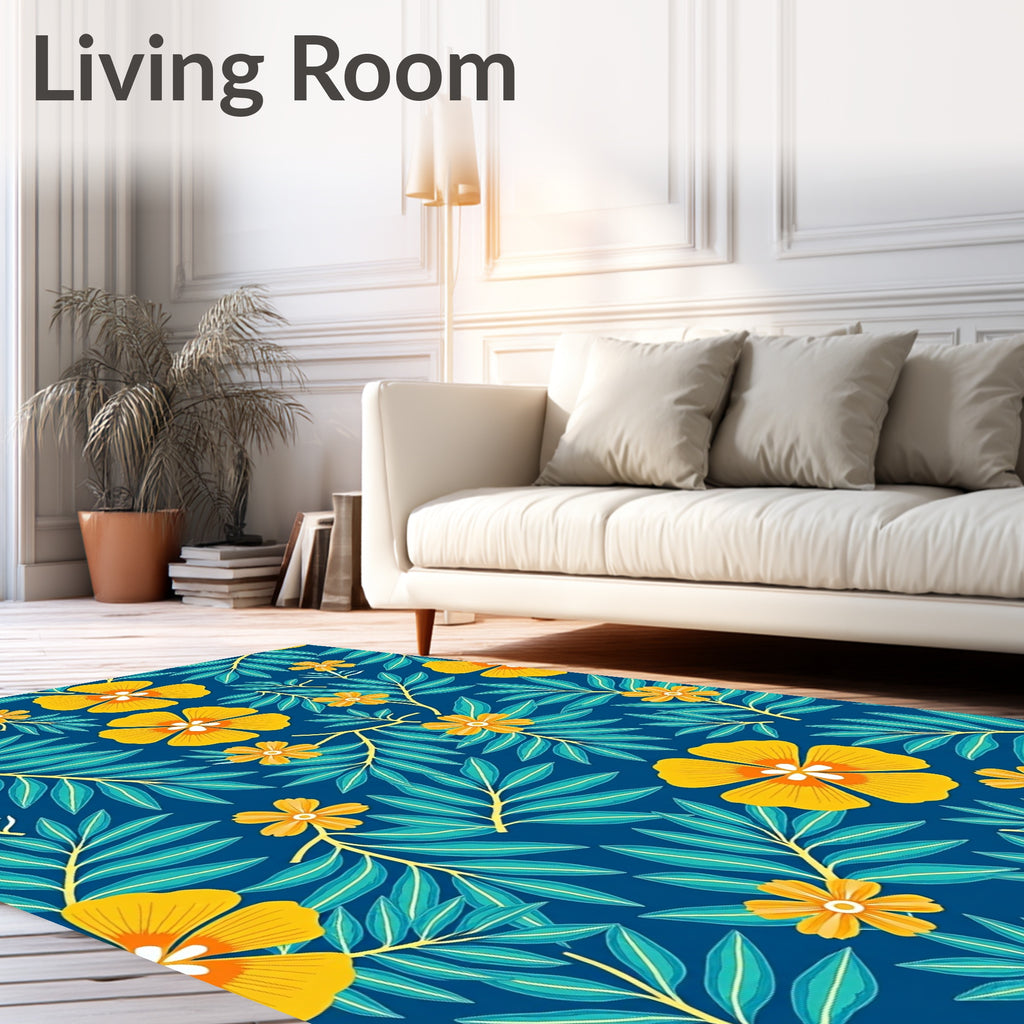 Vibrant Yellow Floral Teal Leaf Rug