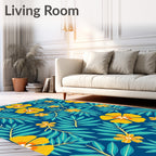Vibrant Yellow Floral Teal Leaf Rug